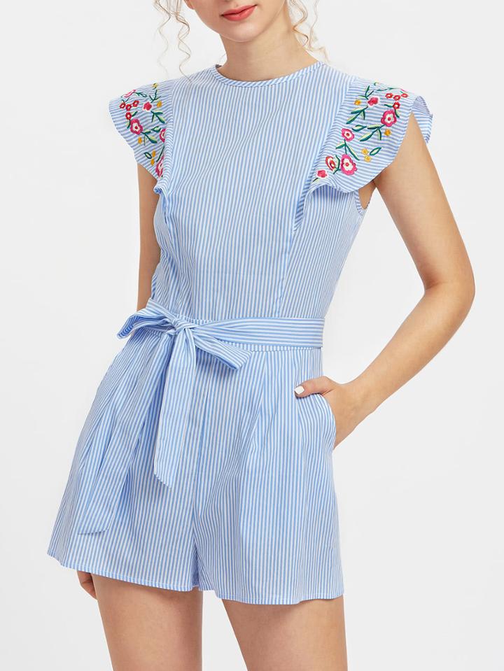 Romwe Embroidered Flutter Sleeve Self Belt Romper