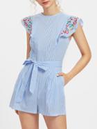 Romwe Embroidered Flutter Sleeve Self Belt Romper
