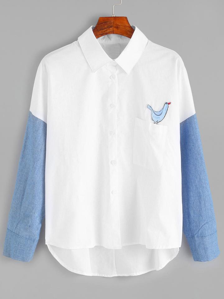 Romwe White Contrast Sleeve Applique High Low Shirt