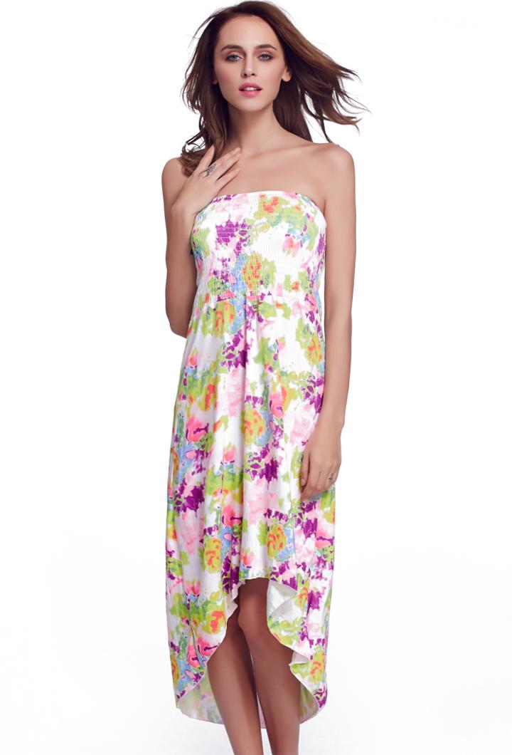 Romwe White Strapless Florals High Low Beach Dress