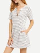 Romwe Black And White Stripe Pockets Lace Up Dress