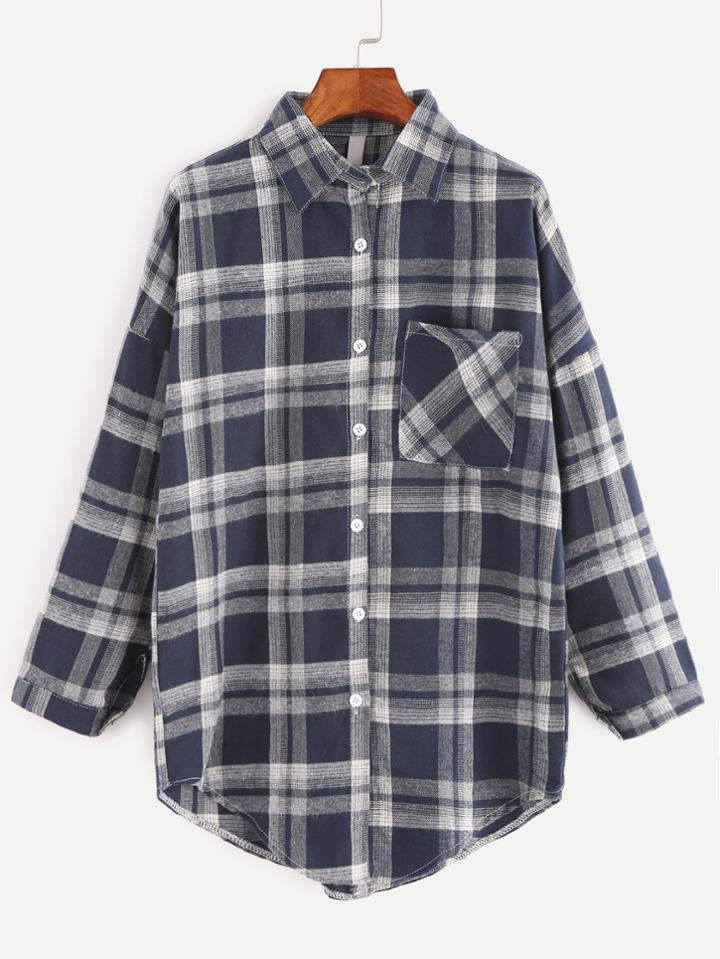 Romwe Navy Plaid Dropped Shoulder Seam Pocket Button Blouse