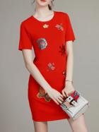 Romwe Red Sequined Beading Embroidered Sheath Dress