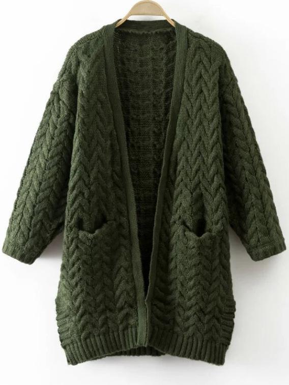 Romwe Army Green Cable Knit Side Slit Sweater Coat With Pocket