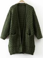 Romwe Army Green Cable Knit Side Slit Sweater Coat With Pocket
