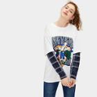 Romwe Figure Print Contrast Plaid 2 In 1 Sweatshirt