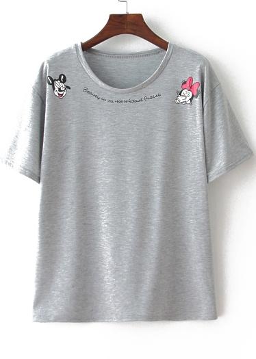 Romwe Mickey And Minnie Embroidered Grey T-shirt