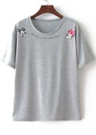 Romwe Mickey And Minnie Embroidered Grey T-shirt