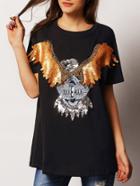 Romwe Eagle Print Sequined Beaded T-shirt