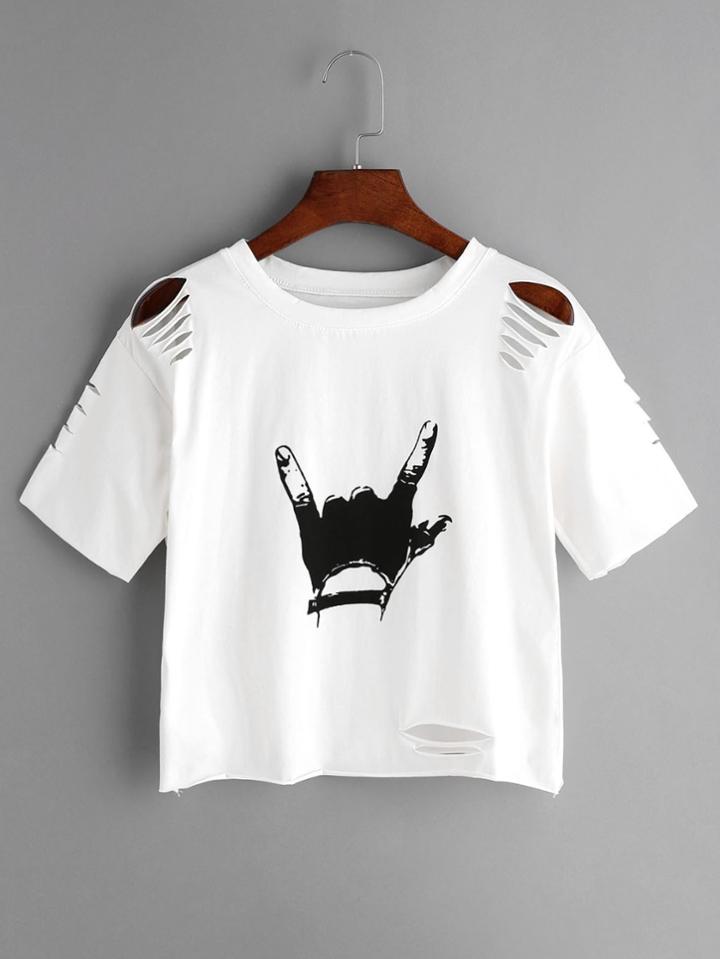 Romwe White Love Gesture Print Ripped T-shirt