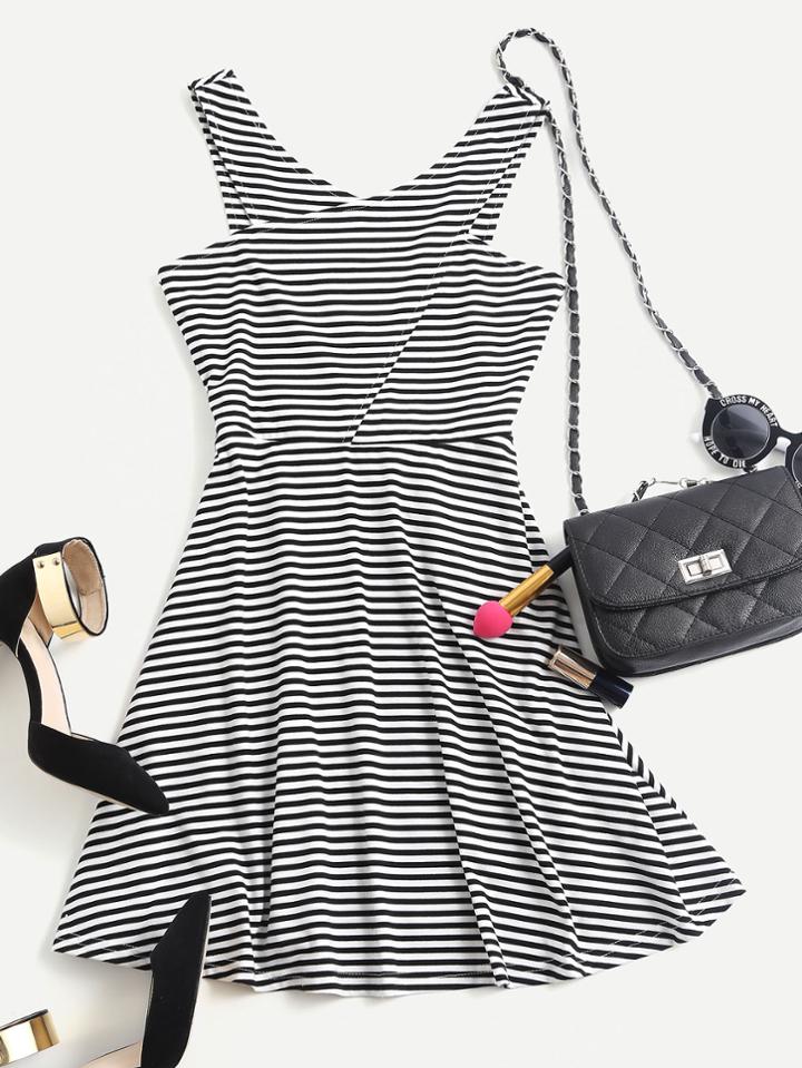 Romwe Criss Cross Fit & Flare Striped Dress