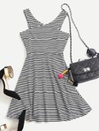 Romwe Criss Cross Fit & Flare Striped Dress