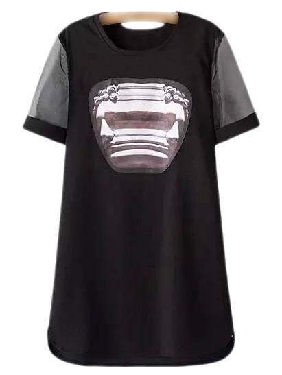 Romwe Black Short Sleeve Print Organza Shift Dress
