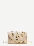 Romwe Beige Banana Straw Shoulder Bag With Chain