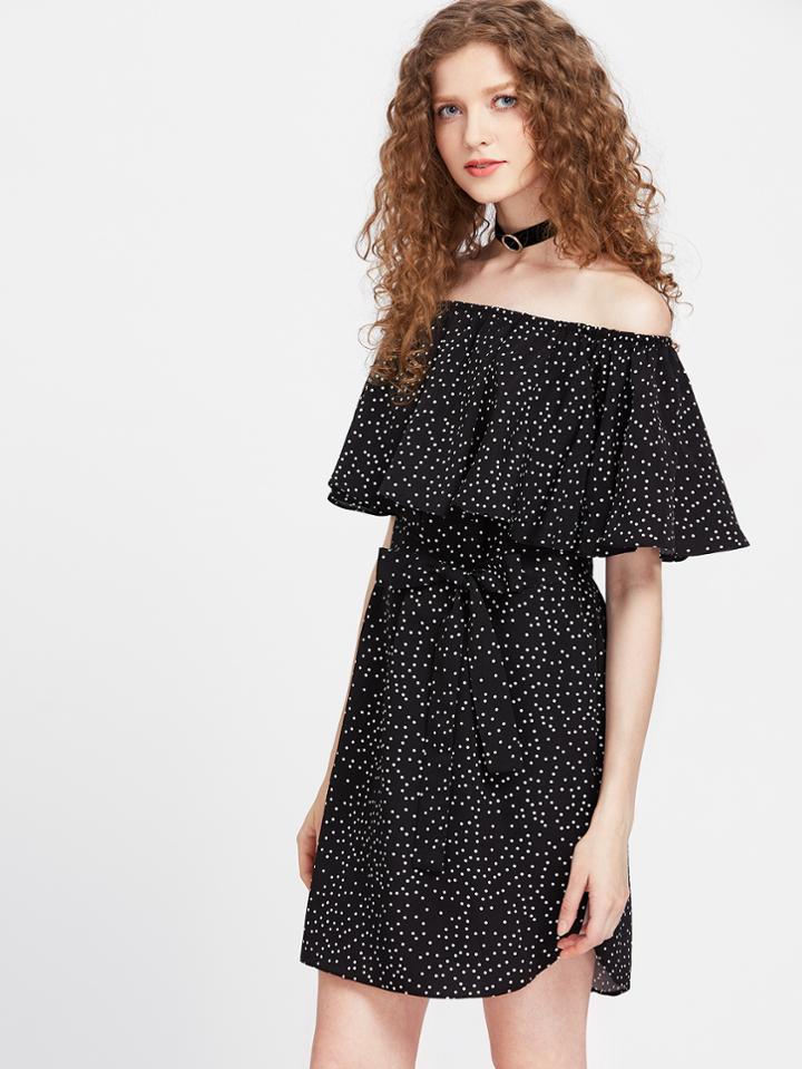 Romwe Flounce Layered Neckline Textured Dot Bow Waist Dress