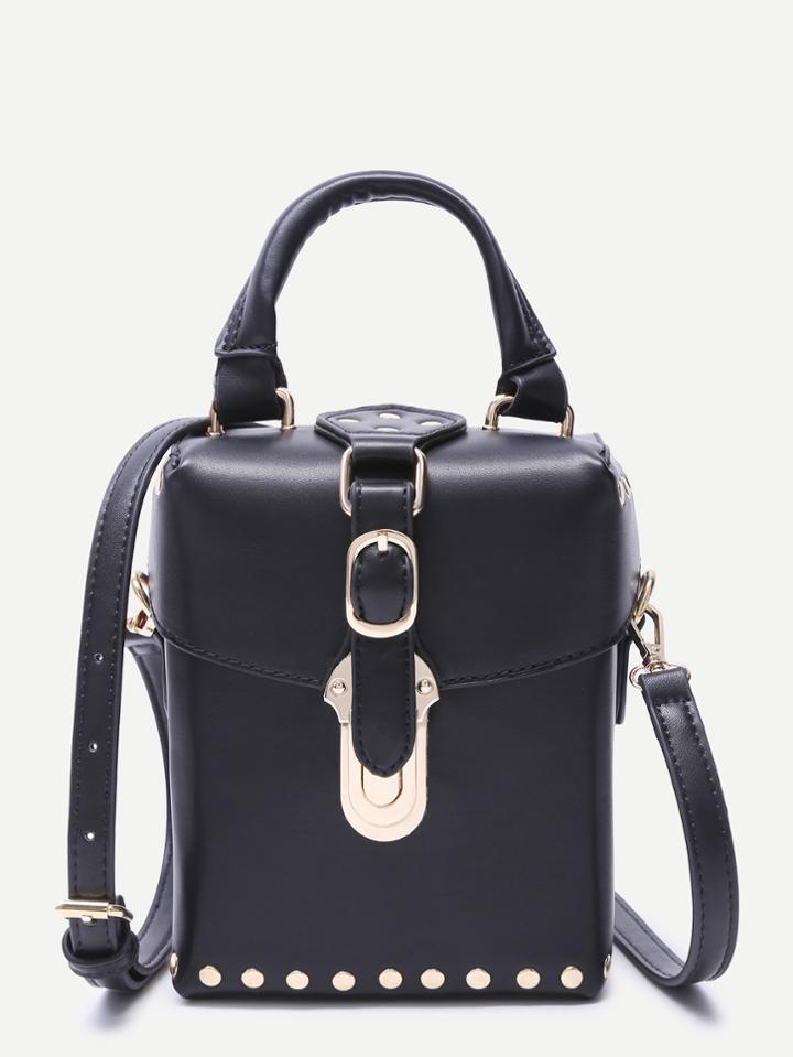 Romwe Black Faux Leather Buckle Strap Studded Boxy Shoulder Bag