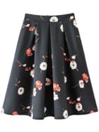 Romwe Black High Waist Zipper Back Pleated Floral Skirt