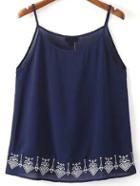 Romwe Spaghetti Strap Embroidered Navy Cami Top