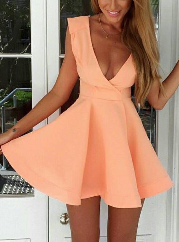 Romwe Pink Deep V Neck Sleeveless Flare Dress