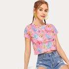 Romwe Butterfly Print Breathable Mesh Crop Tee