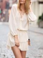 Romwe Apricot Lace Up Neck Ripped Ruffle Hem Dress