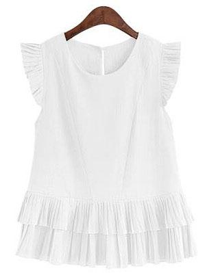 Romwe Pleated Cap Sleeve & Hem Top - White