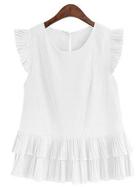 Romwe Pleated Cap Sleeve & Hem Top - White