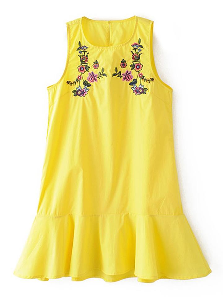 Romwe Flower Embroidery Ruffle Hem Tank Dress