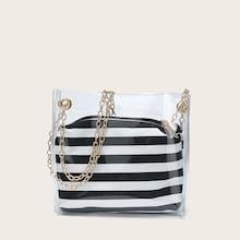 Romwe Clear Chain Tote Bag With Striped Inner Pouch
