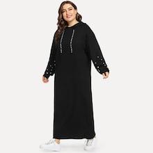 Romwe Plus Faux Pearl Beaded Longline Hooded Dress