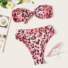 Romwe Leopard Tie Front Bandeau High Waist Bikini Set
