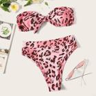 Romwe Leopard Tie Front Bandeau High Waist Bikini Set