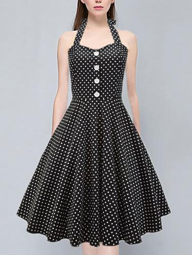 Romwe Halter Polka Dot Black Tea Dress