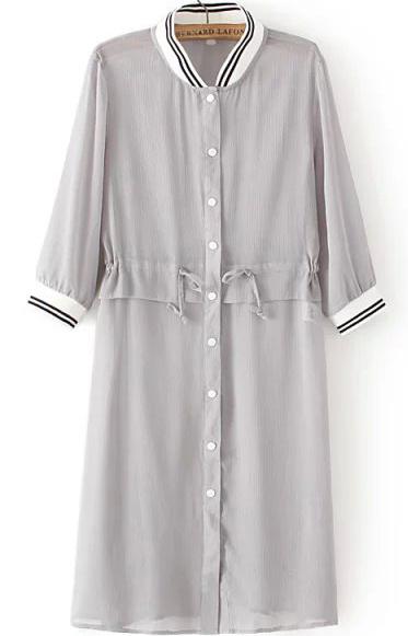 Romwe Contrast Collar With Buttons Chiffon Grey Blouse