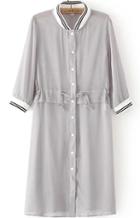 Romwe Contrast Collar With Buttons Chiffon Grey Blouse