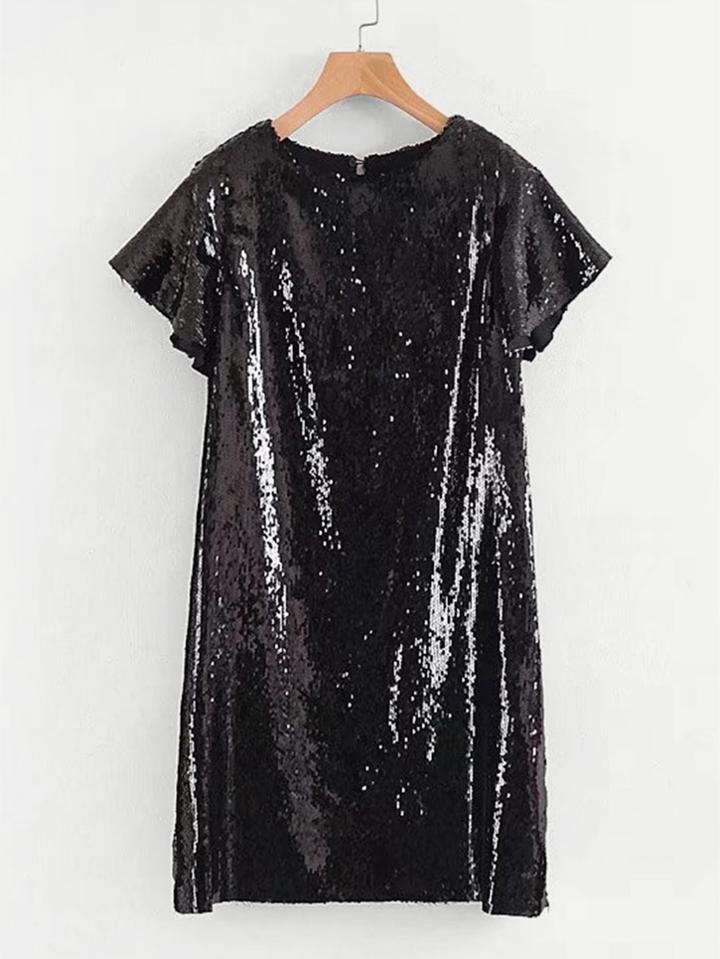 Romwe Flounce Sleeve Sequin Dress