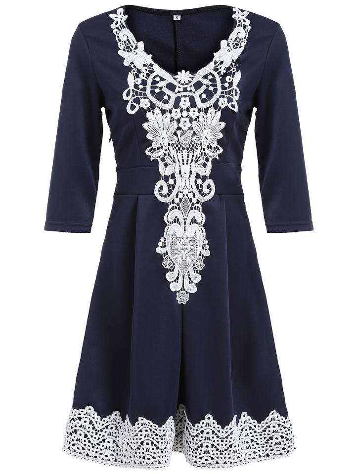 Romwe Contrast Crochet A-line Navy Dress