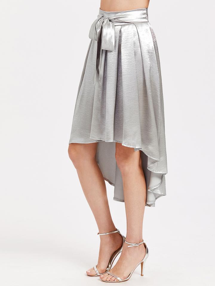Romwe Silver Bow Tie Dip Hem Skirt