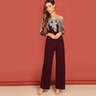Romwe Off Shoulder Mesh Embroidered Jumpsuit
