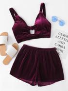 Romwe Velvet Knotted Keyhole Front Crop Top With Shorts