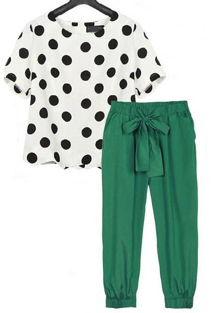 Romwe Polka Dot Chiffon Top With Drawstring Vintage Pant