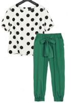 Romwe Polka Dot Chiffon Top With Drawstring Vintage Pant