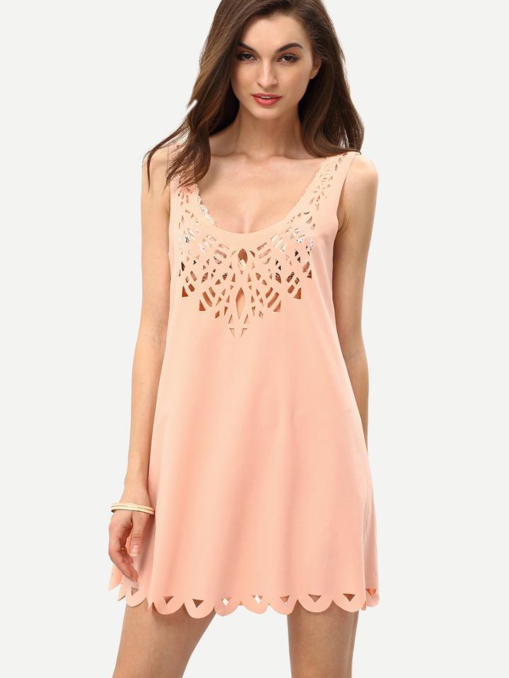 Romwe Pink U Neck Hollow Shift Dress