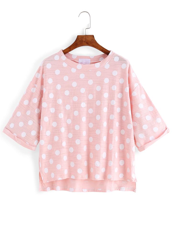 Romwe Dip Hem Polka Dot Pink T-shirt