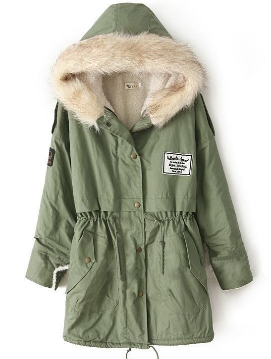 Romwe Zipper Embellished Fleece Inside Military Army Green Coat