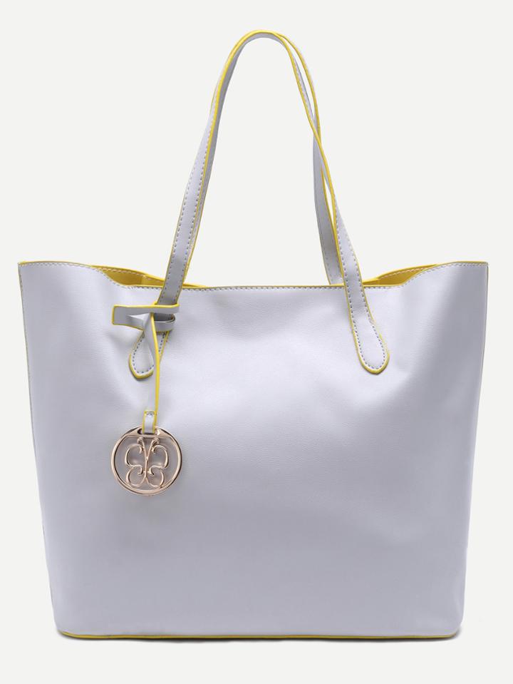 Romwe Light Grey Pu Simple Tote Bag