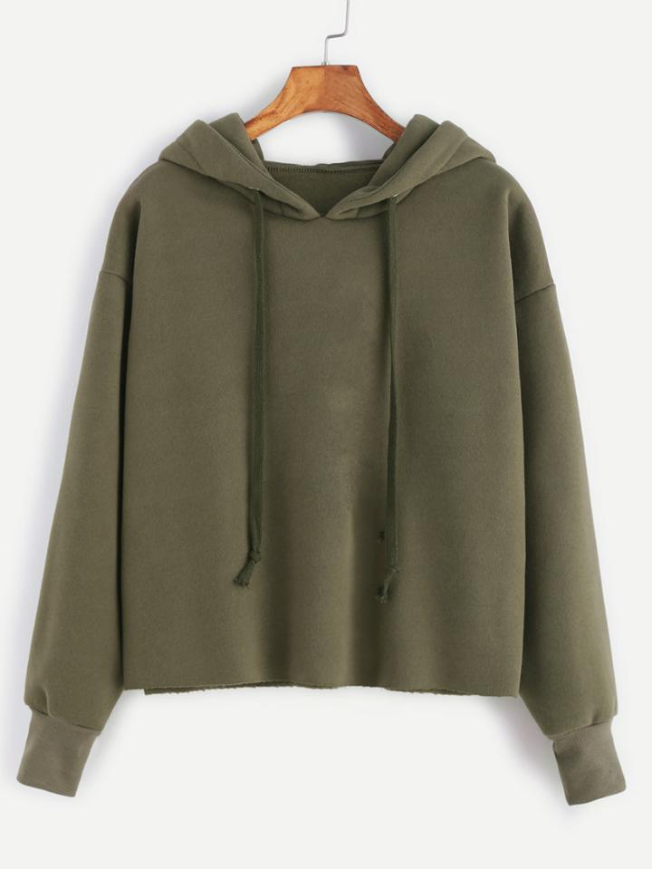 Romwe Army Green Hooded Raw Hem Sweatshirt