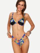 Romwe Multicolor Flower Print Cutout Bikini Set