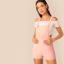 Romwe Lettuce Trim Striped Bardot Top & Overall Shorts Set