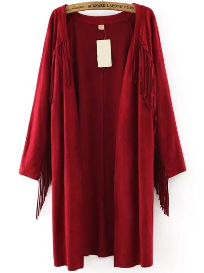 Romwe Tassel Suede Burgundy Coat